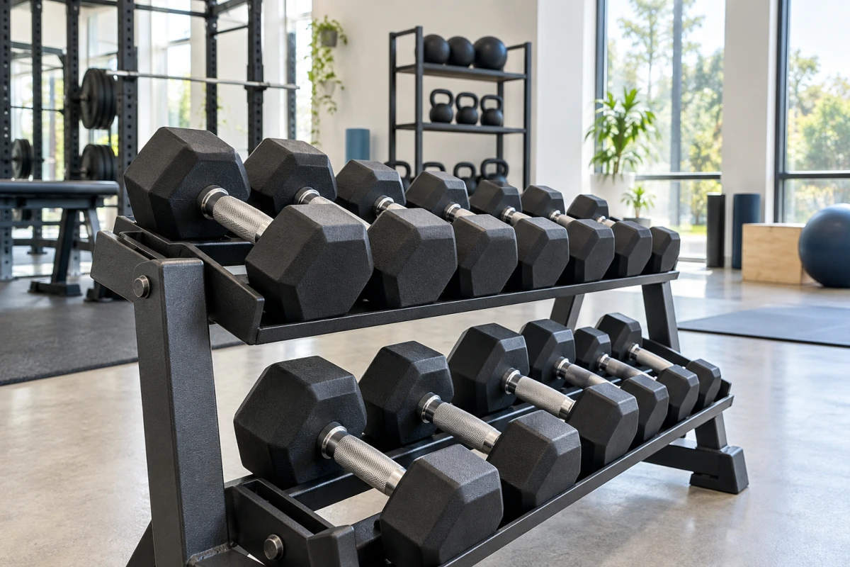 Dumbbells arranged on a rack in a bright training space