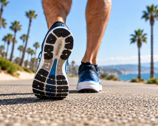 A runner's lower leg and running shoe on a coastal trail
