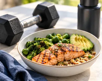 A dumbbell beside a salmon and vegetable meal