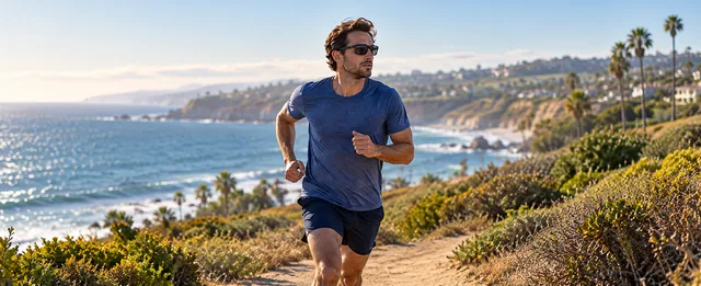 A trail runner on a coastal Southern California path above the ocean