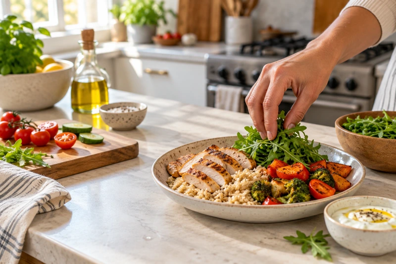 A hand adds fresh greens to a chicken, rice, and vegetable lunch in a bright home kitchen.