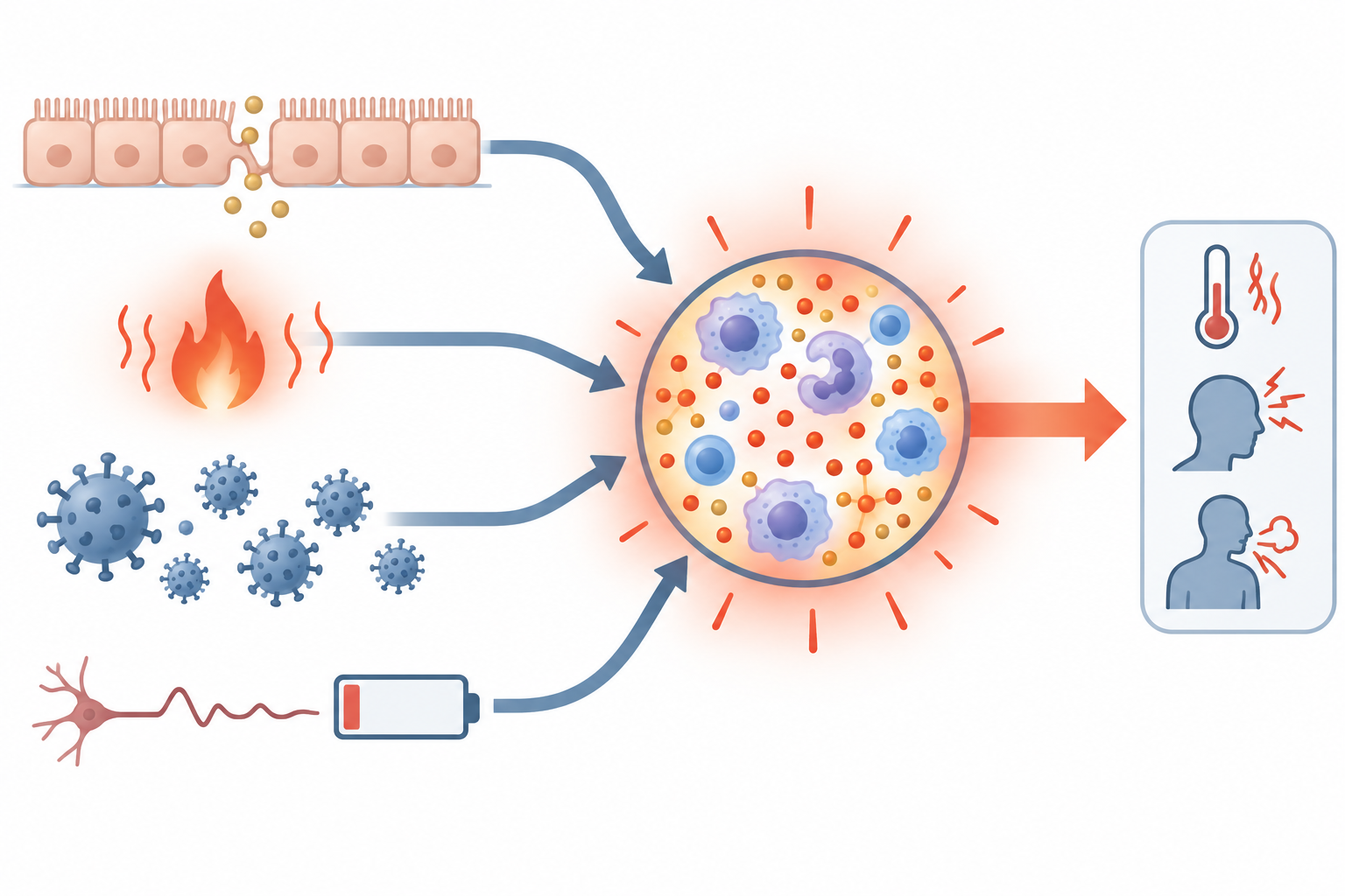 Four input streams converging into one overloaded hub, then one exit stream