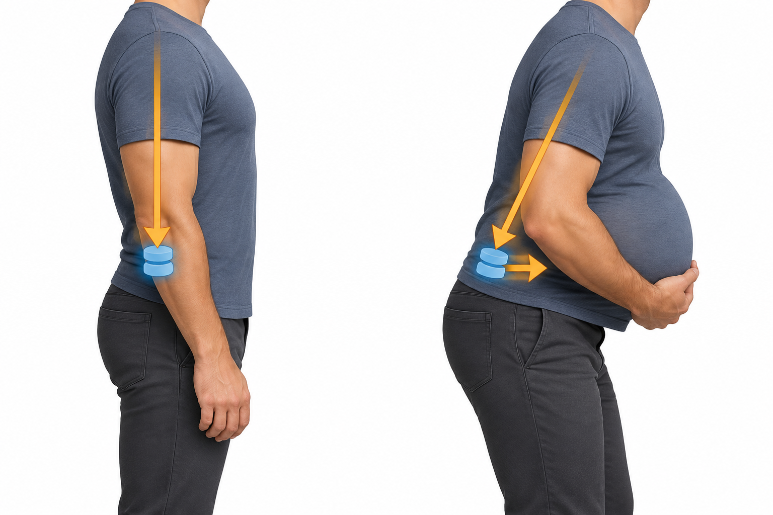 Two sagittal torso diagrams sharing one vertical reference line, upright versus forward-shifted load