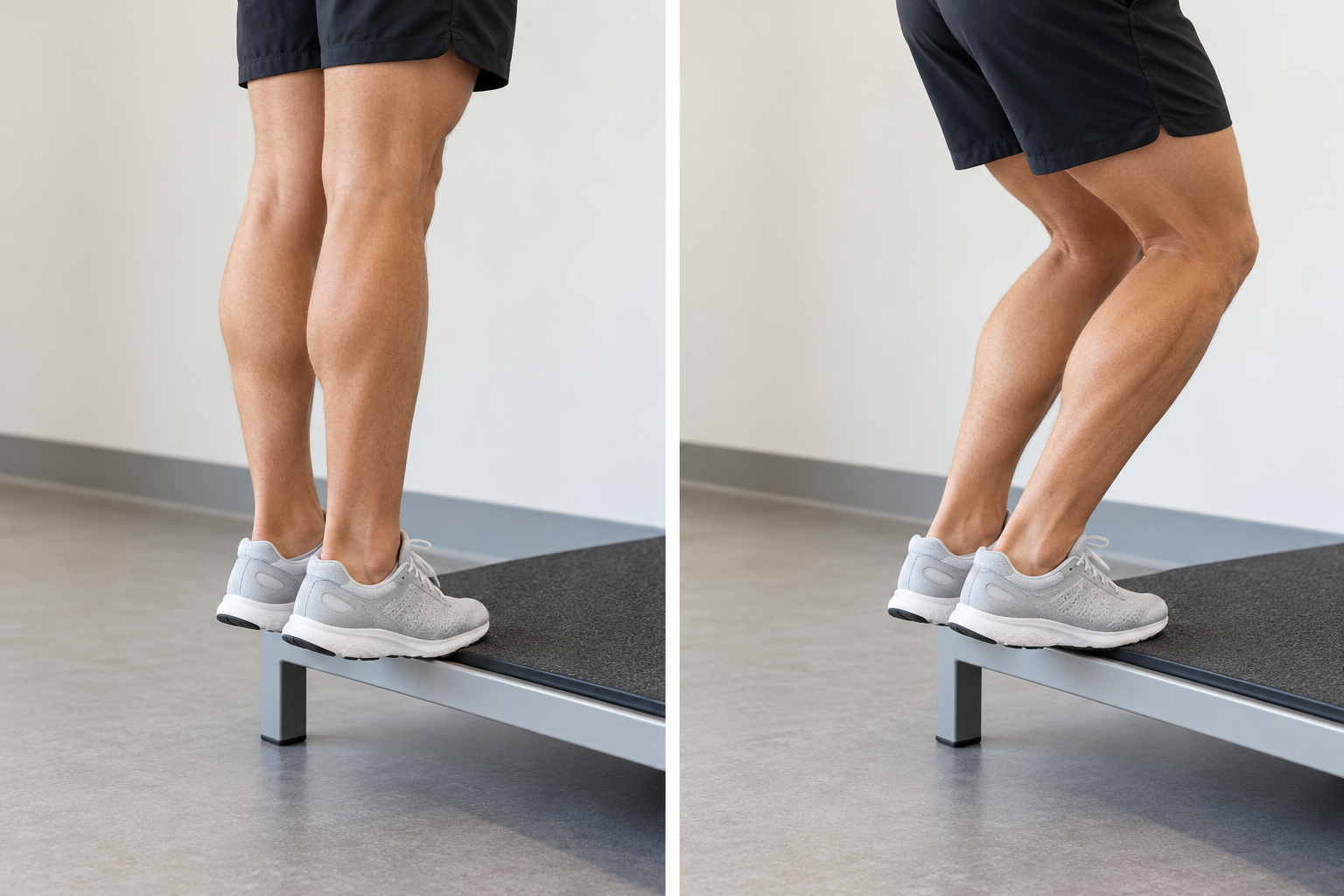 Faceless adult calves in two step-supported loading positions: straight knees on the left and bent knees on the right.