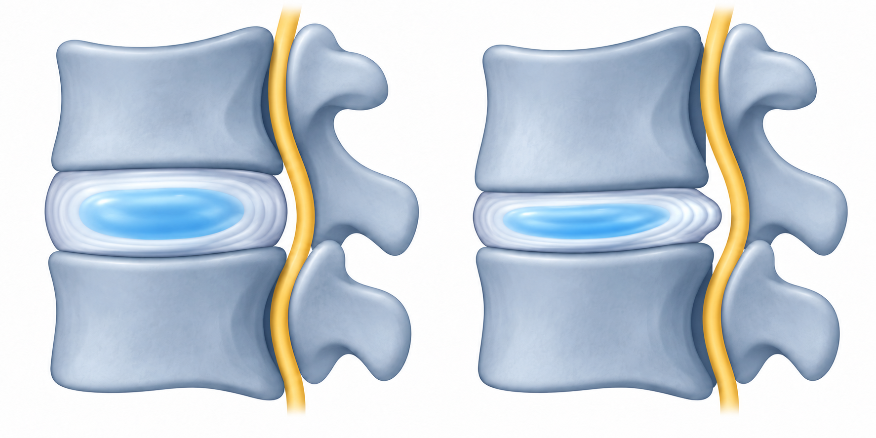 Two discs at identical vertebra scale, plump hydrated versus flatter bulging near a nerve path