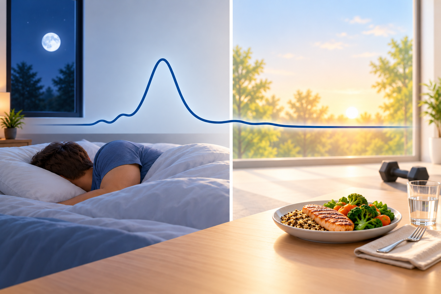 A sleeper rests with their face turned into the pillow as a blue nighttime pulse peaks and eases toward a morning baseline beside a dumbbell and meal.