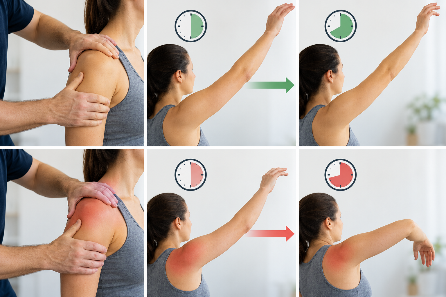 Two shoulder-motion sequences: easy overhead reach is maintained along the green path, while the red path ends with a bent, lowered arm.