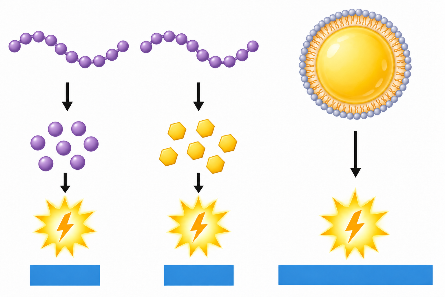 Three side-by-side columns showing an amino-acid chain breaking into blocks above an energy burst, a carbohydrate chain breaking into units above an energy burst, and a membrane sphere above an energy burst, with three blue base bars with the third longest.