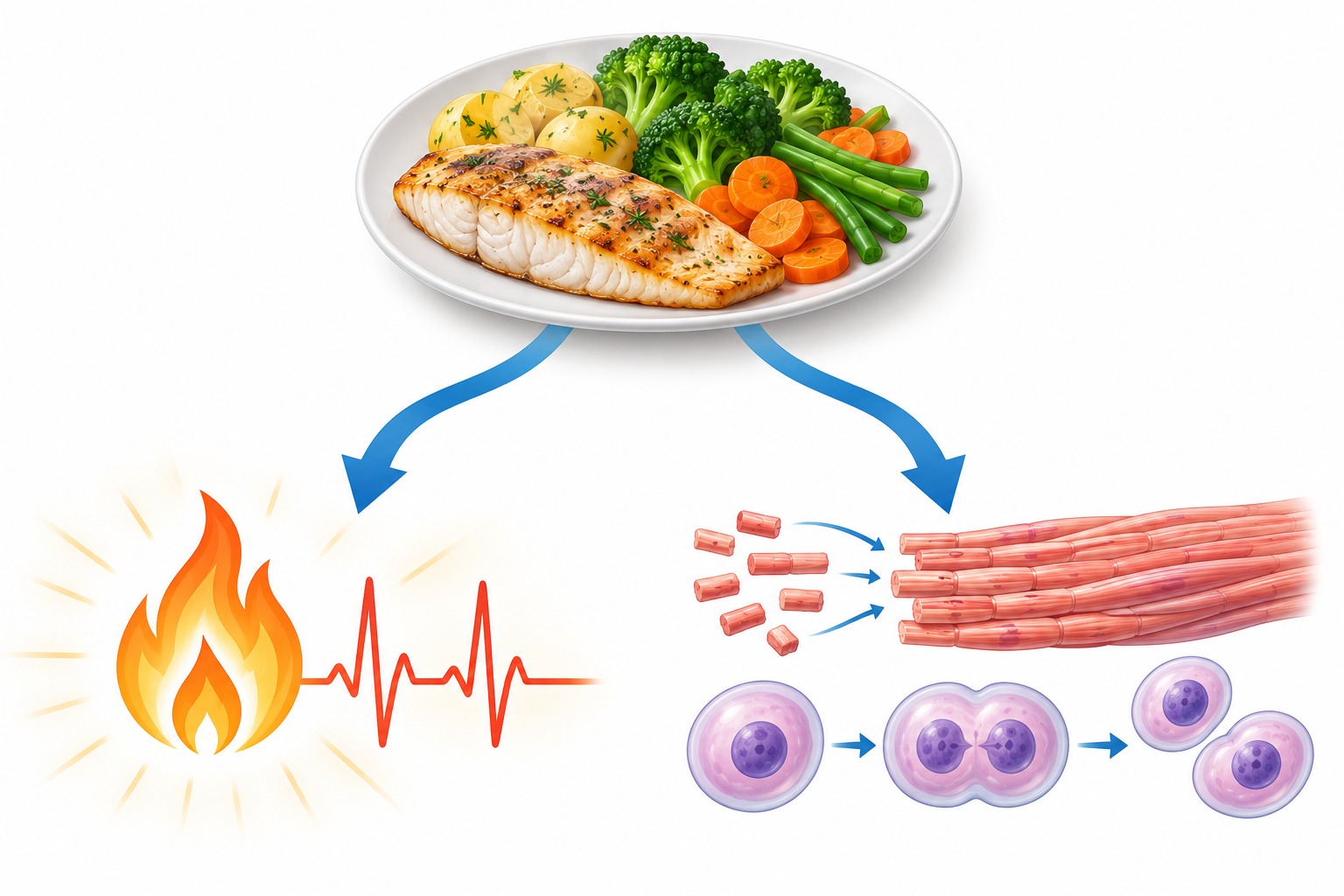 A whole meal branches into two simultaneous paths: energy shown by a flame and heartbeat, and rebuilding shown by muscle repair and dividing cells.