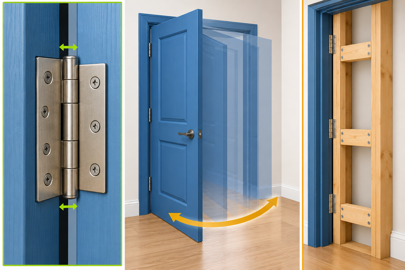 Three door panels showing hinge clearance for available range, a door moving through its arc for usable range, and a frame anchored to wall studs for control under load.