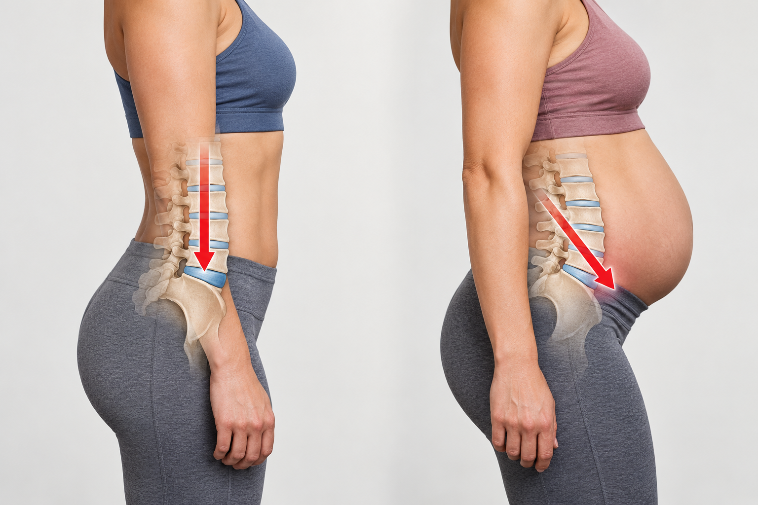 Side-by-side torso illustrations comparing neutral spinal compression with forward belly load angling into shear at the lower spine.