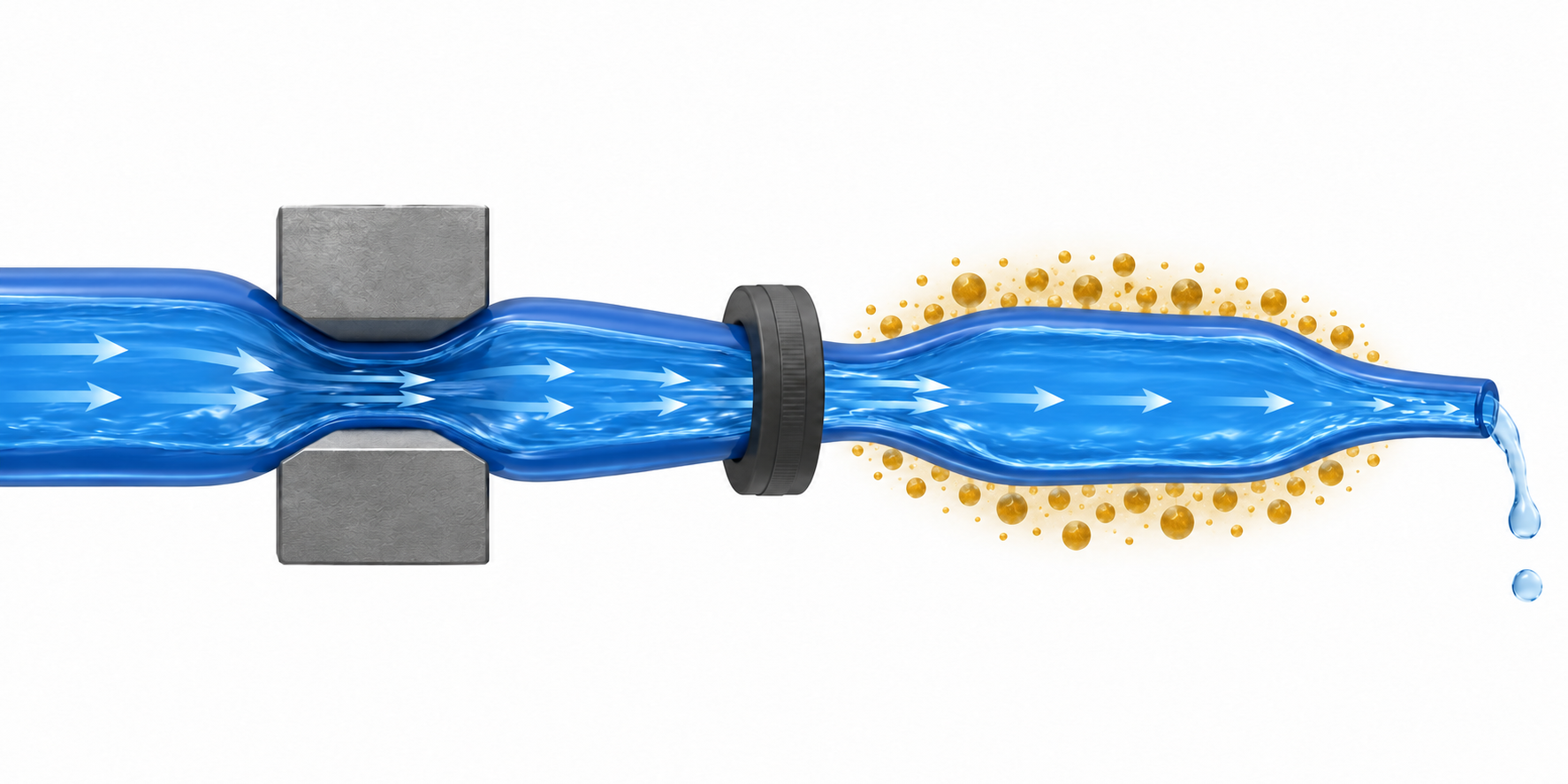 Hose with two external restrictions and amber irritants outside an open, flowing third section