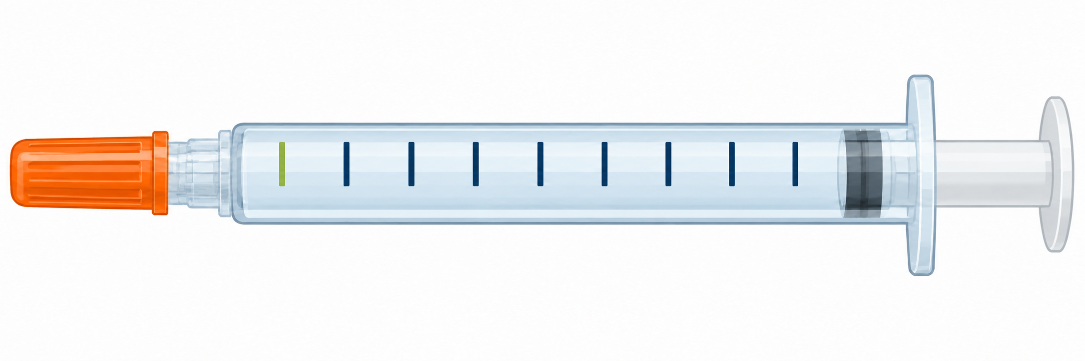 Scale illustration with the capped needle on the left, plunger on the right, and nine graduations increasing from left to right; the first mark near the needle is highlighted.