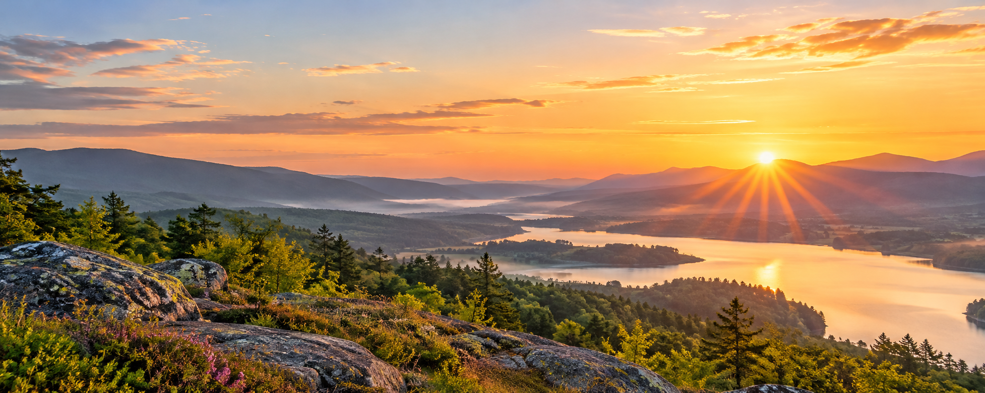 A lake and forested mountains in low golden light, seen from a rocky ridge.