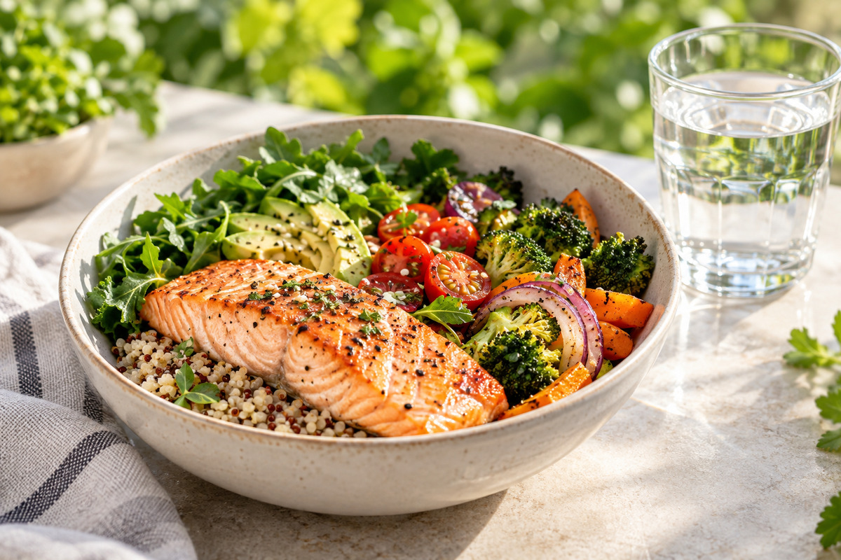 A bowl of salmon with quinoa, broccoli, and roasted vegetables beside a glass of water.