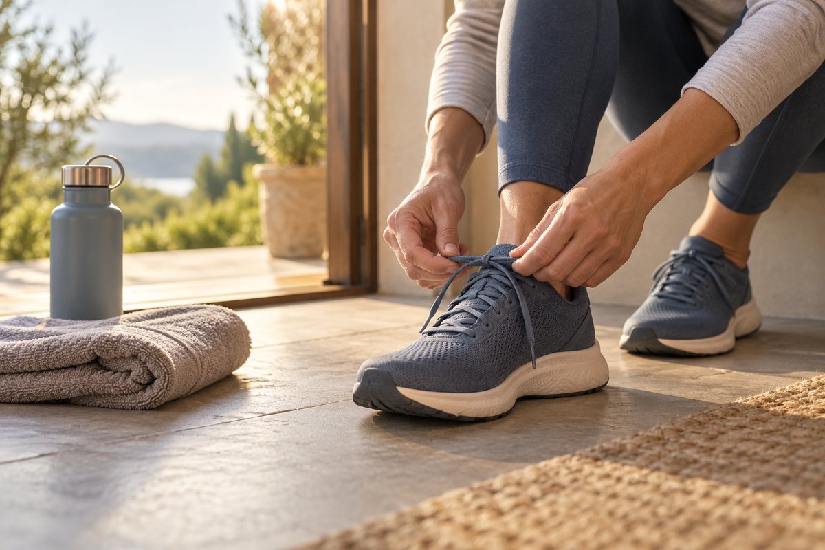 Two hands lacing training shoes at an open doorway, with a folded towel and a water bottle on the floor beside them.