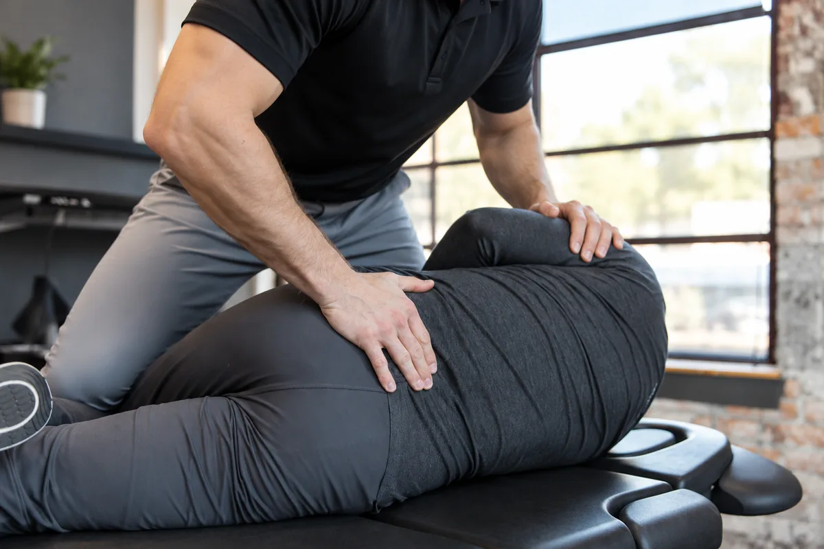 Clinician performing a side-lying spinal adjustment on a treatment table
