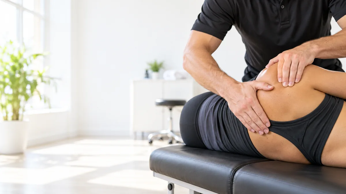 Hands-on shoulder care in a bright treatment room