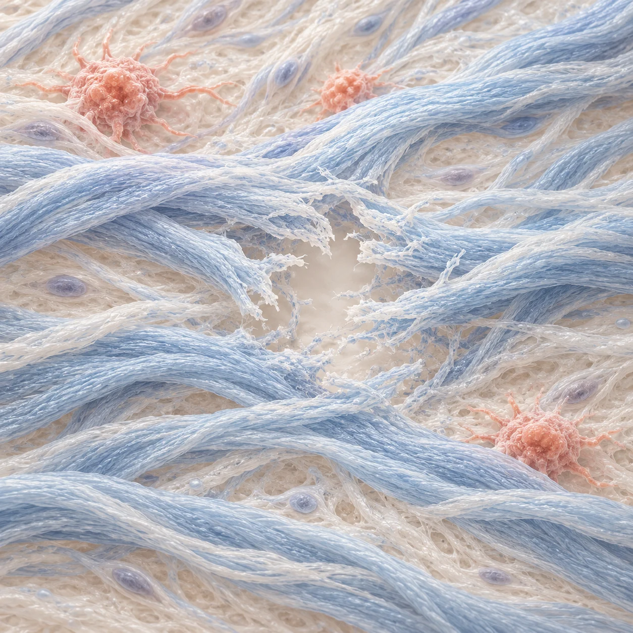 Conceptual illustration of disrupted collagen fibers and immune cells around a small gap.