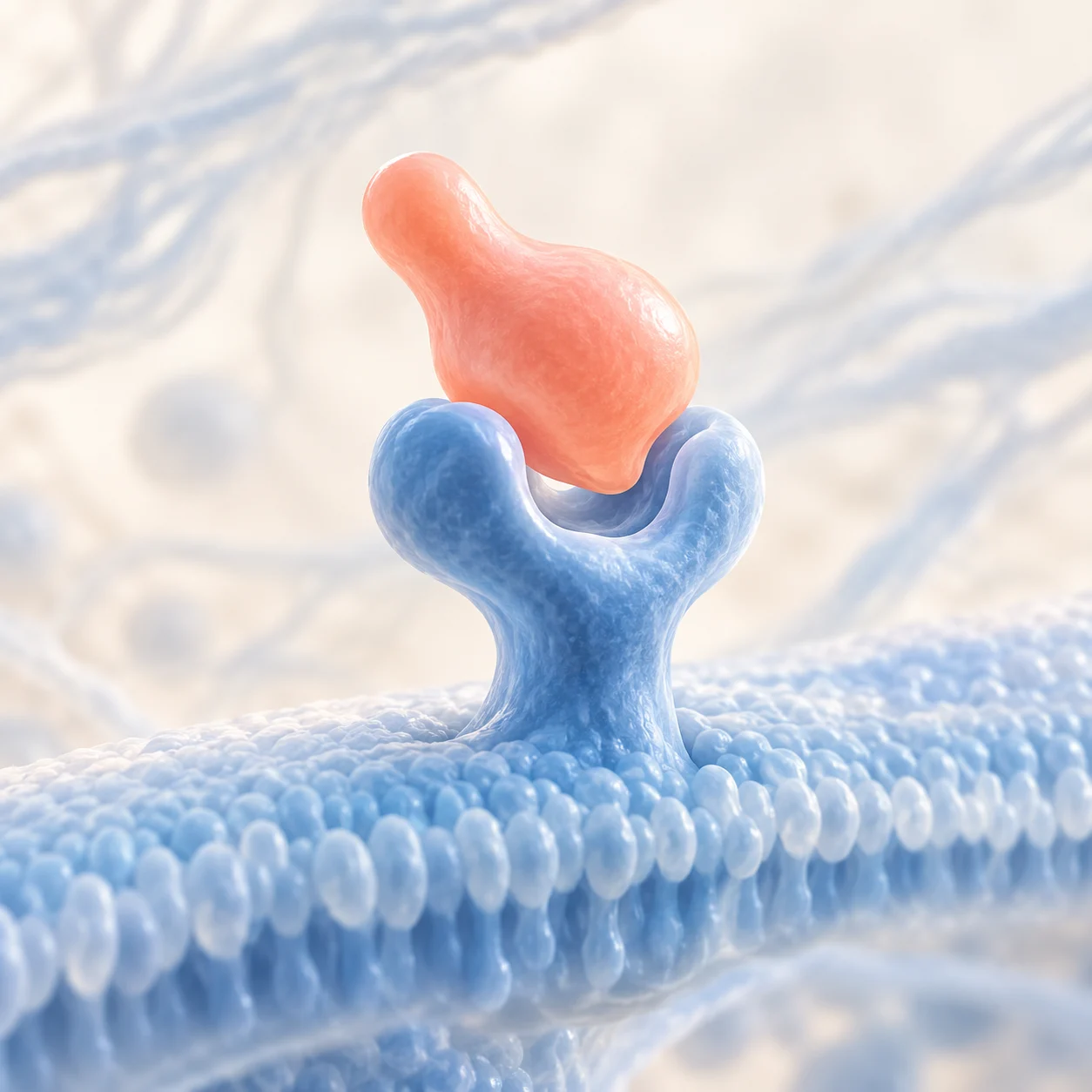 Conceptual illustration of a signal contacting a receptor on a cell membrane.