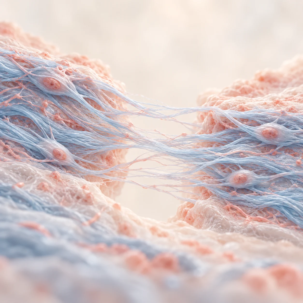 Conceptual illustration of new collagen fibers beginning to bridge a tissue gap.