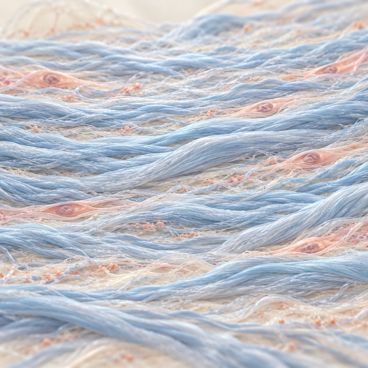 Conceptual illustration of dense collagen fibers in a more aligned arrangement.