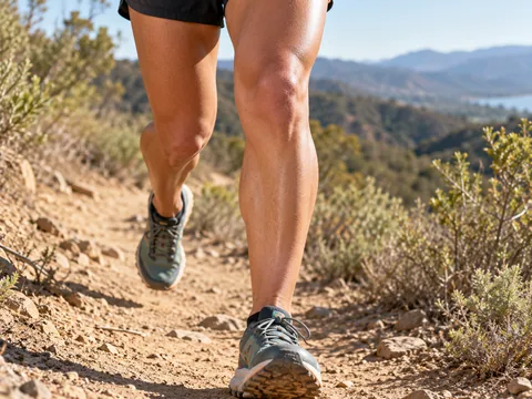 Knee and lower leg on a bright trail, face out of frame