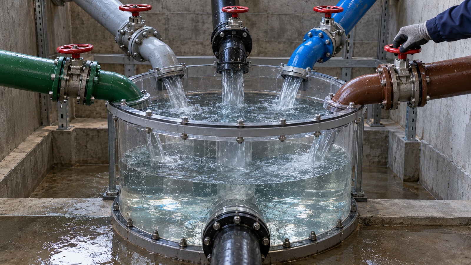 Colorful pipes pouring water into a round glass tank while a gloved hand turns a red valve wheel.