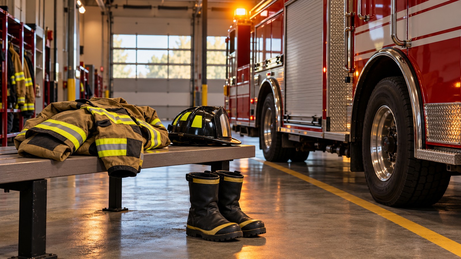 A firefighter's turnout coat, helmet, and boots left on a bench beside a red fire engine in an open station bay.