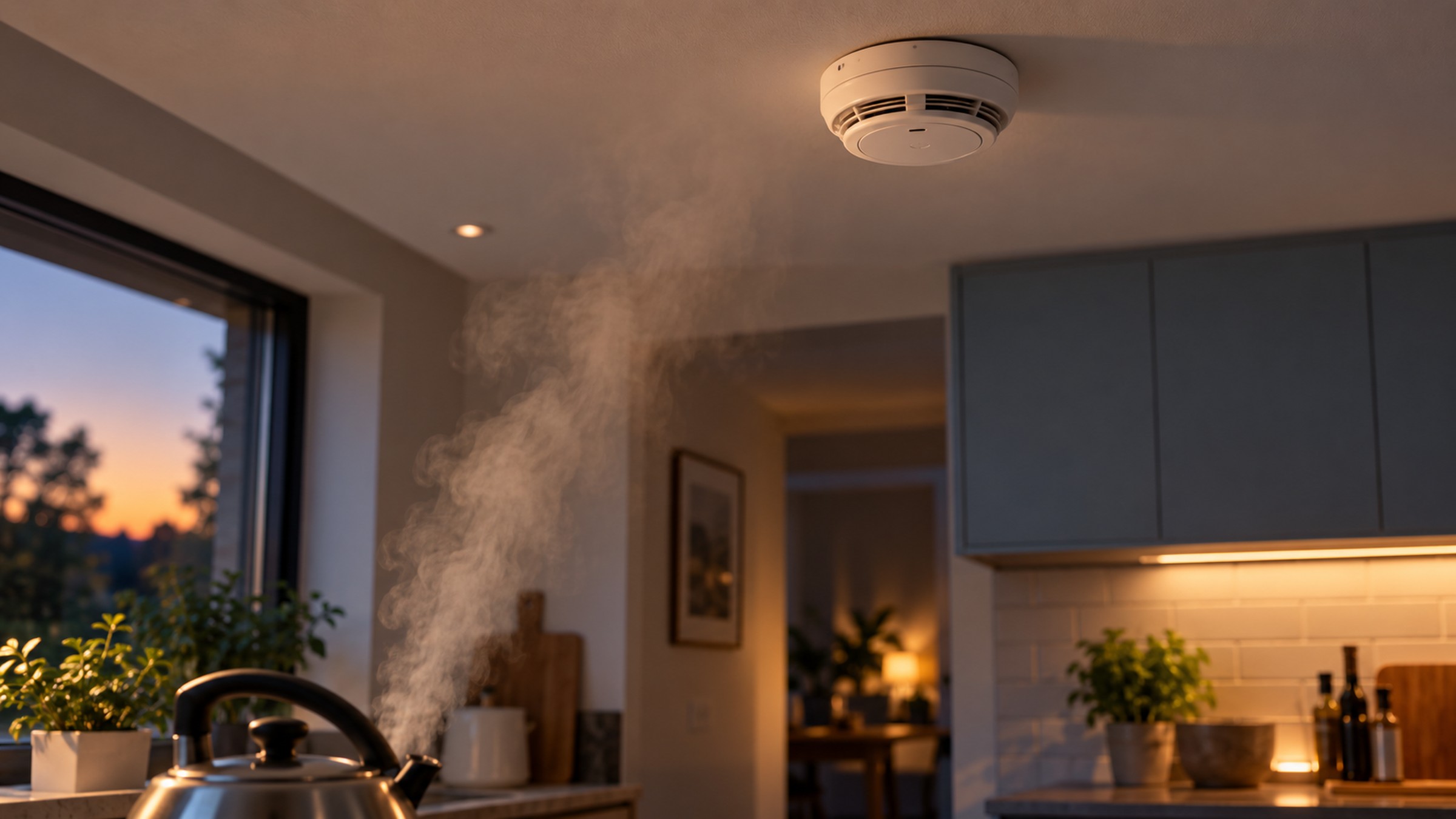 Steam rising from a kettle toward a ceiling smoke alarm in a kitchen at dusk.