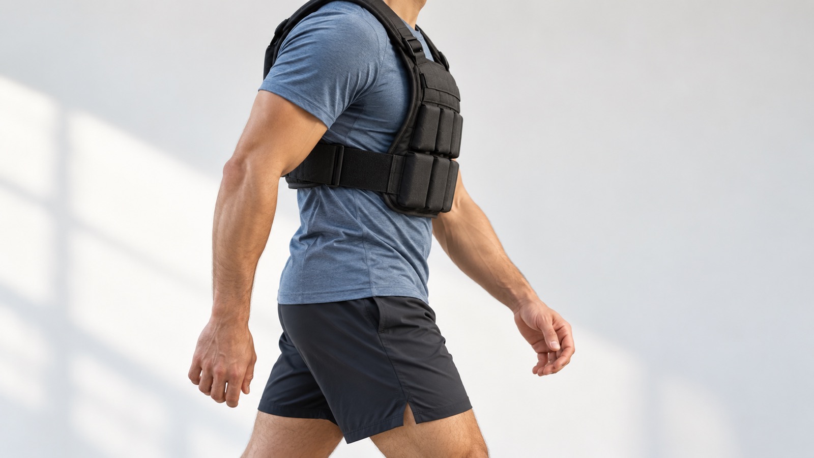 A man walking outdoors wearing a weighted training vest.