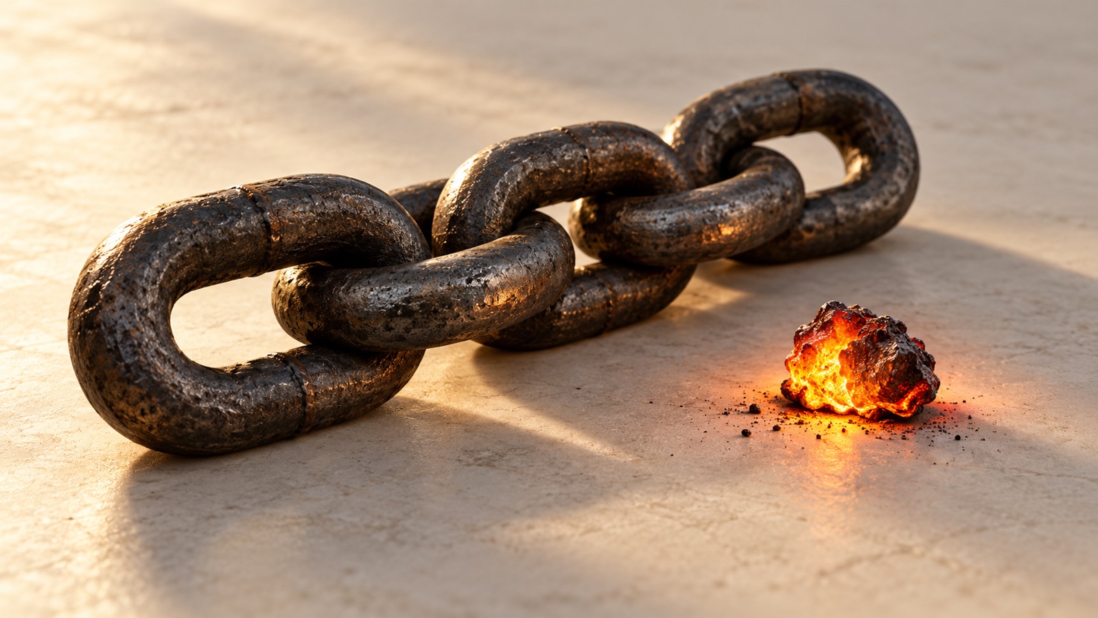A heavy iron chain beside a glowing ember on concrete.
