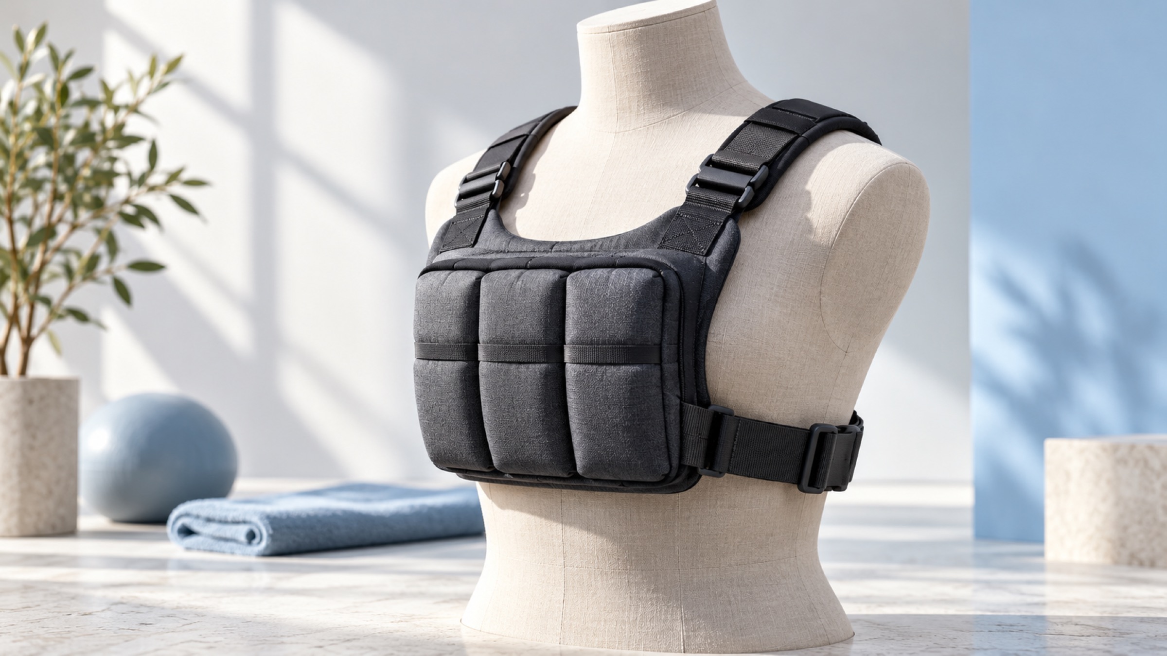 A weighted training vest fitted on a mannequin torso.
