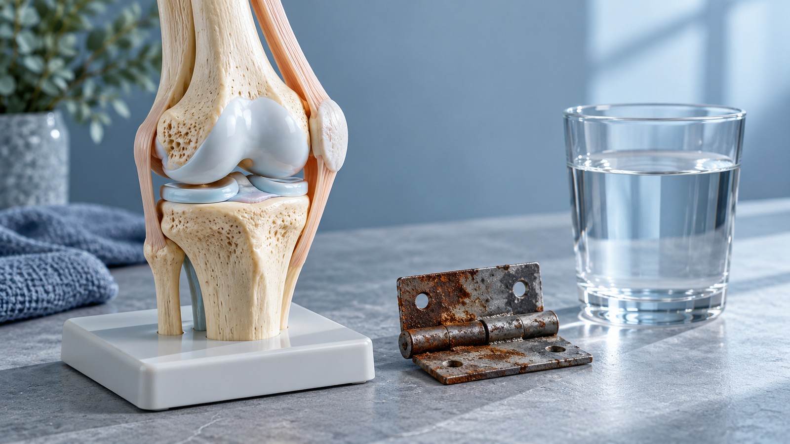 A knee-joint model and a glass of water on a table.