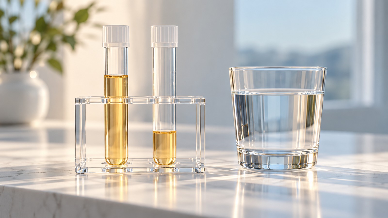Three small tubes in a rack beside a glass of water.