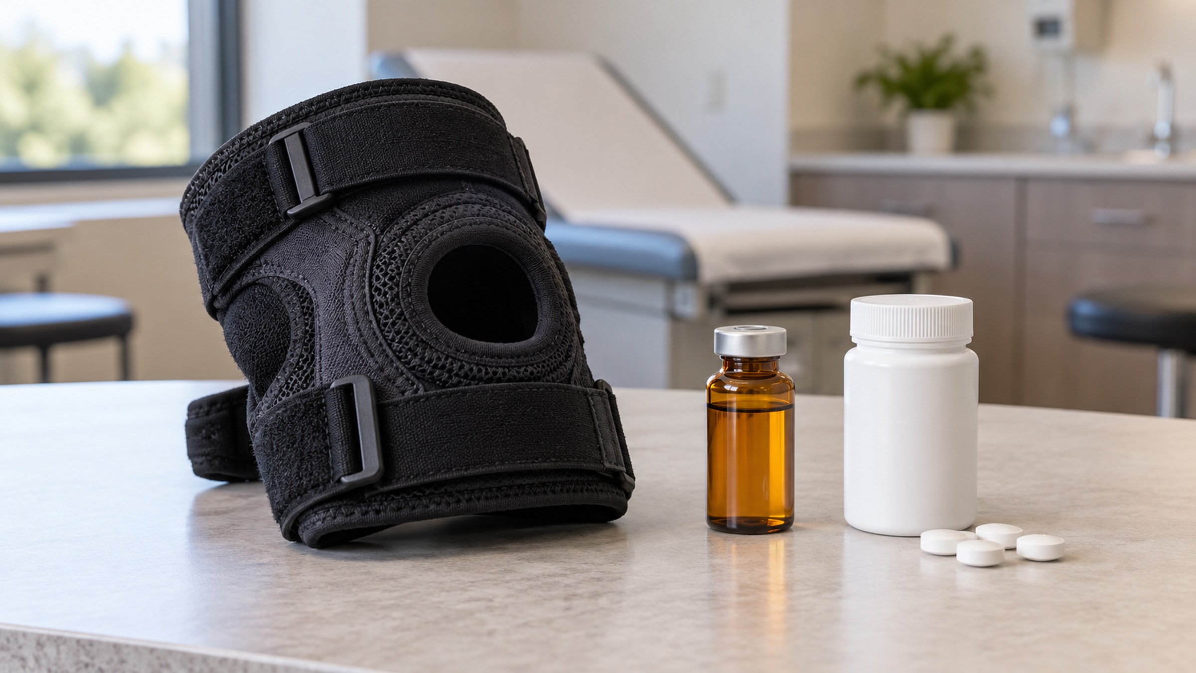 A black knee brace beside a small amber vial, a white pill bottle, and four loose white tablets on a clinic counter.