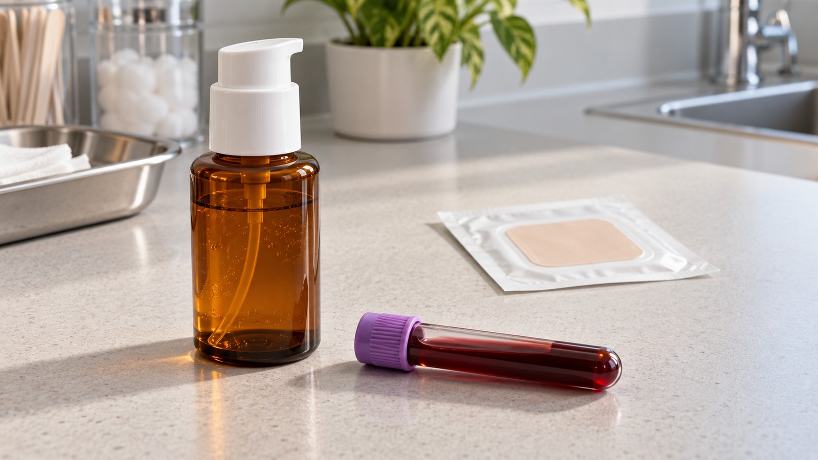 An amber pump bottle beside a purple-capped blood tube and a foil-wrapped patch on a clinic counter.