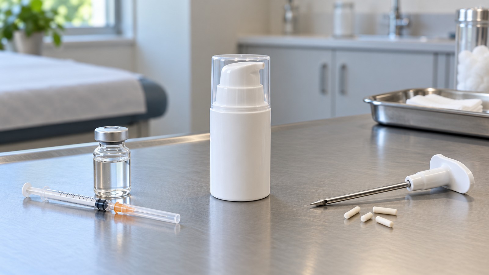 A white pump bottle beside a glass vial, a syringe, and a pellet applicator holding white pellets on a steel counter.