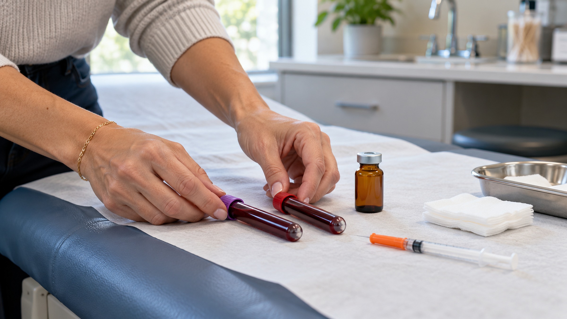 A person in a cream sweater resting blood collection tubes on a treatment table beside a vial and a syringe.