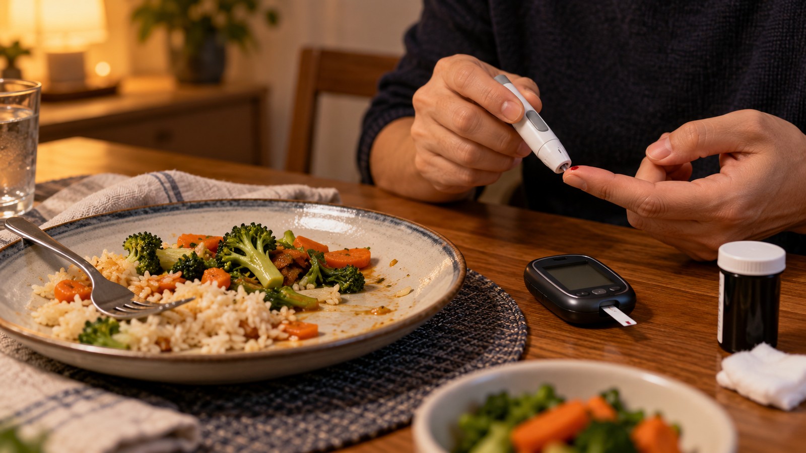 A plate of rice and vegetables beside a hand checking blood glucose with a meter and a test strip.