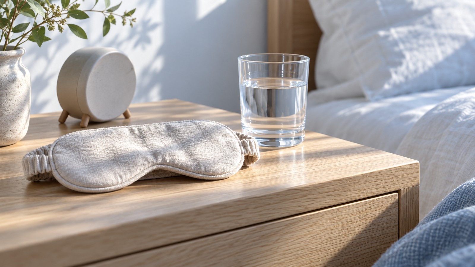 A fabric sleep mask, a glass of water, and a round clock on a wooden nightstand beside a bed.
