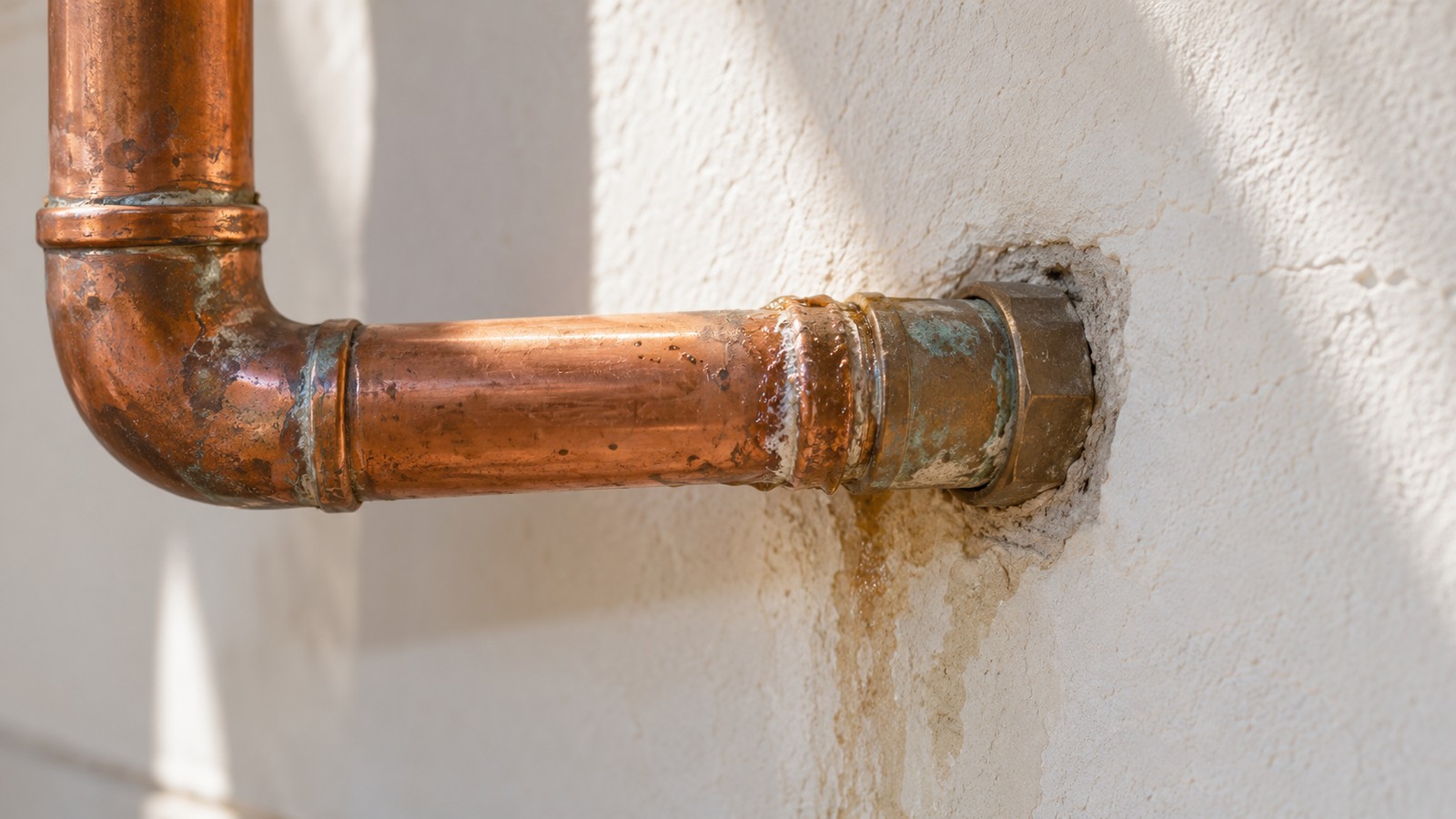 A corroded copper pipe joint entering a wall.