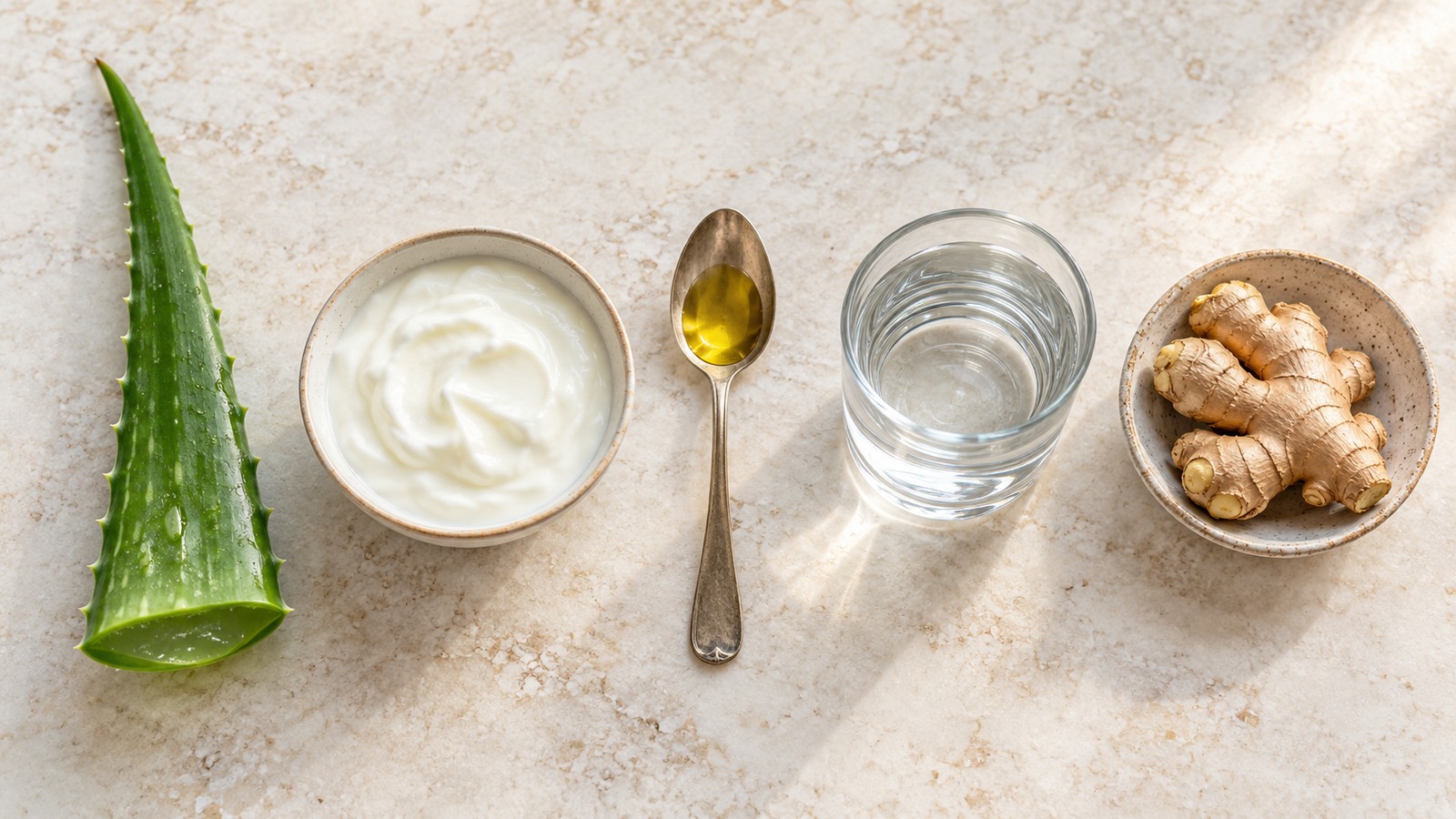 An aloe leaf, a bowl of yogurt, a spoon of honey, a glass of water, and ginger root.