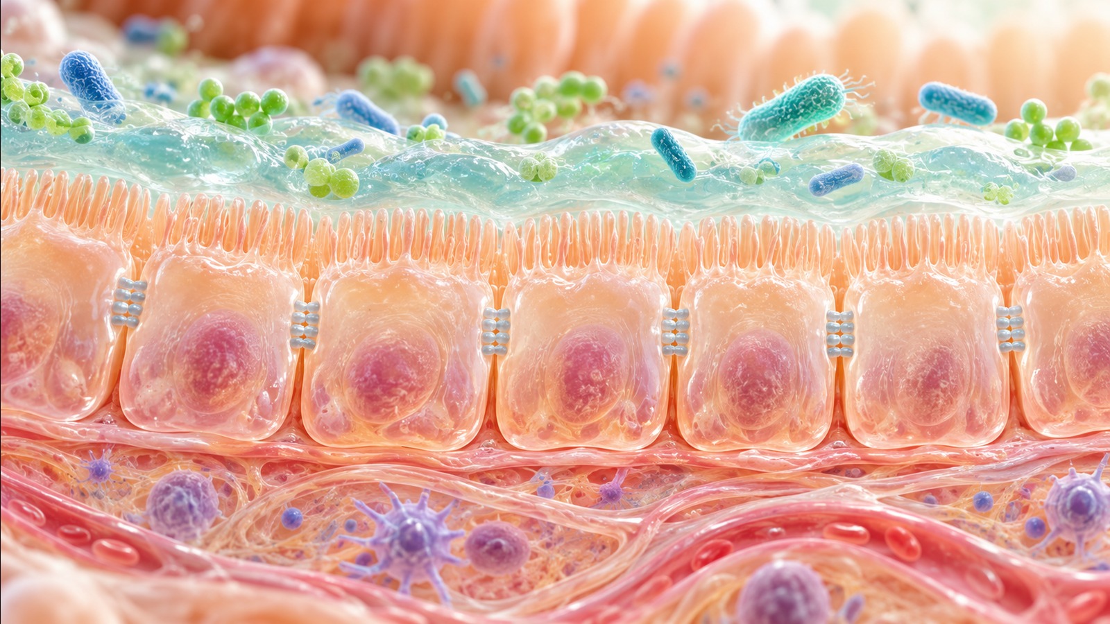 Cross-section render of a healthy gut lining: a mucus layer over columnar epithelial cells with finger-like microvilli, tight junctions sealing the cells, microbes in the gut lumen, and immune cells in the tissue below.