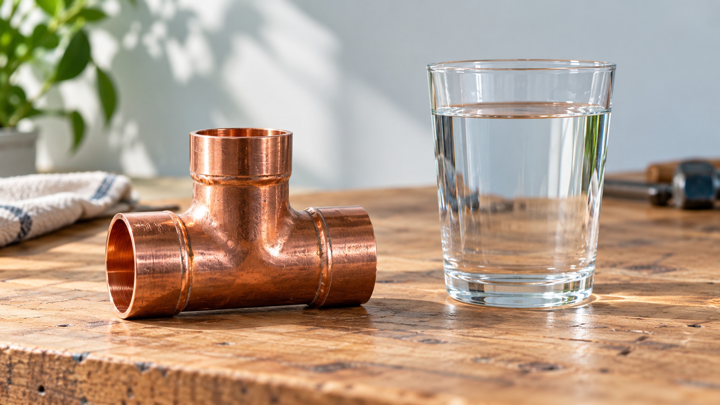 A copper pipe fitting beside a glass of water on a wooden table.