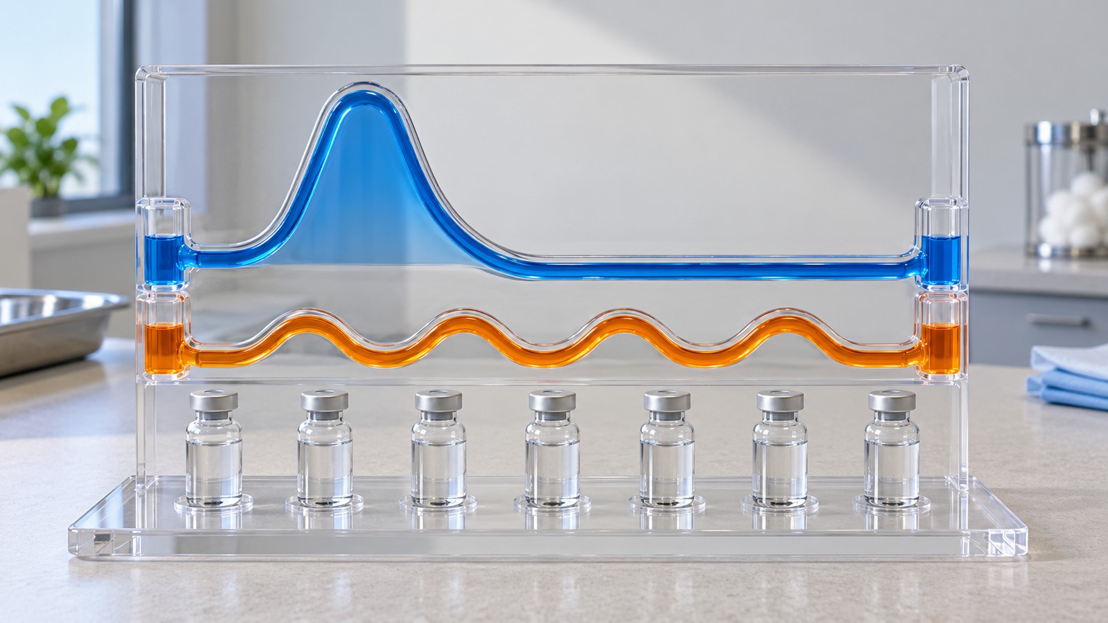 A clear display of two liquid-filled channels, a tall blue peak beside a low orange wave, above a row of seven small vials.
