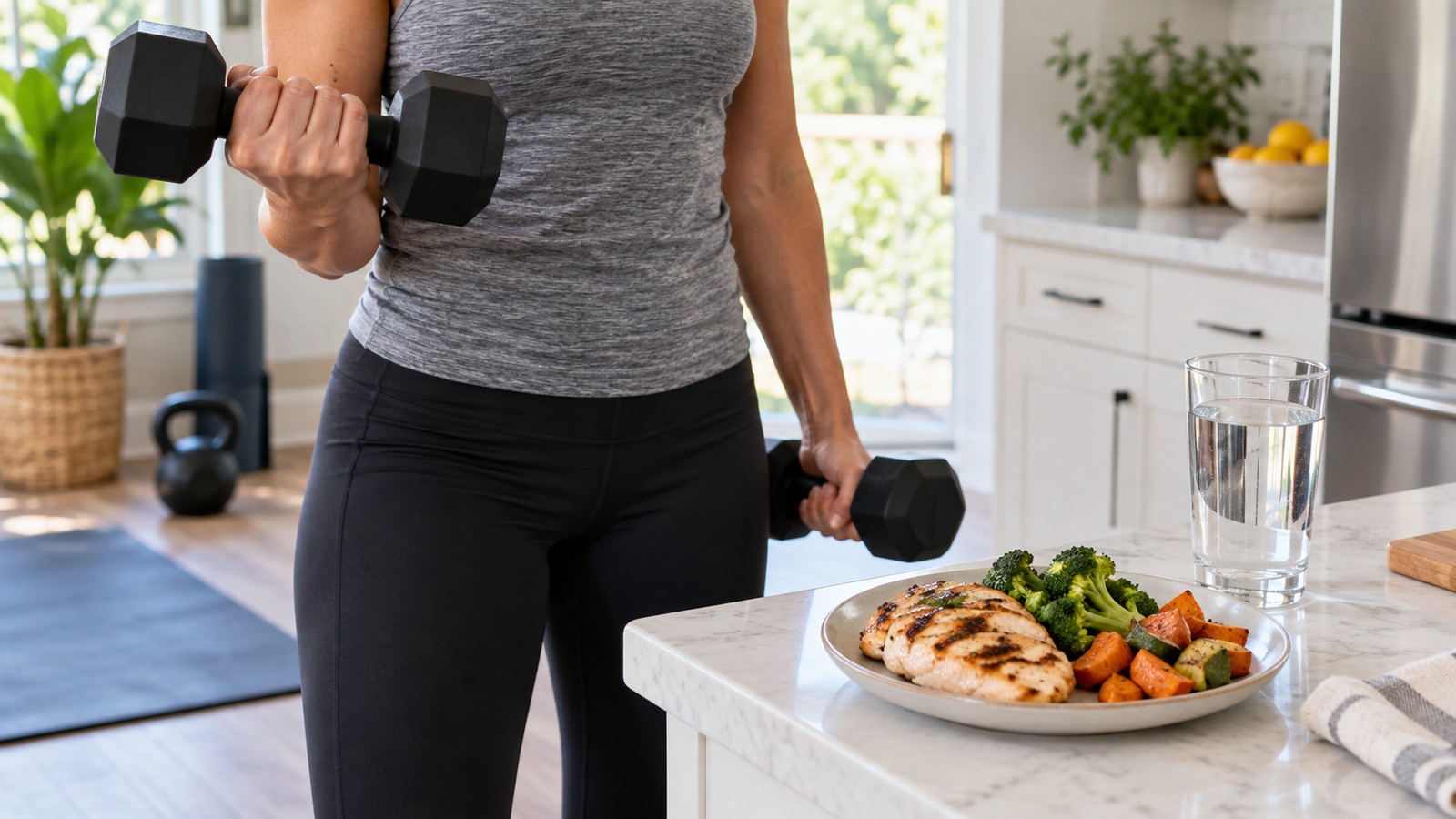 A person in gym clothes holding dumbbells beside a plate of grilled chicken, broccoli, and carrots with a glass of water.