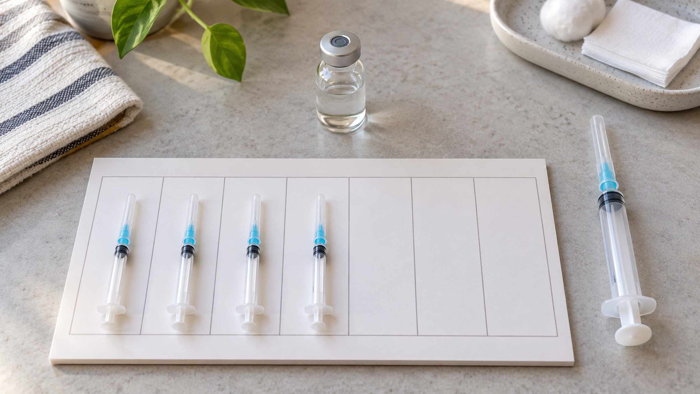 An overhead of a ruled dosing card with small syringes lined up in its first four cells beside a glass vial.