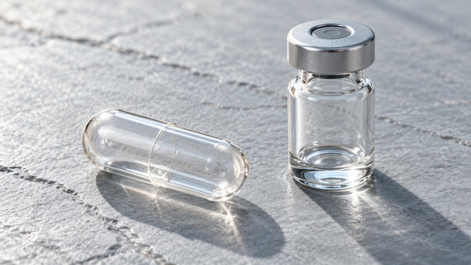 A clear capsule held in tweezers above a marble surface.