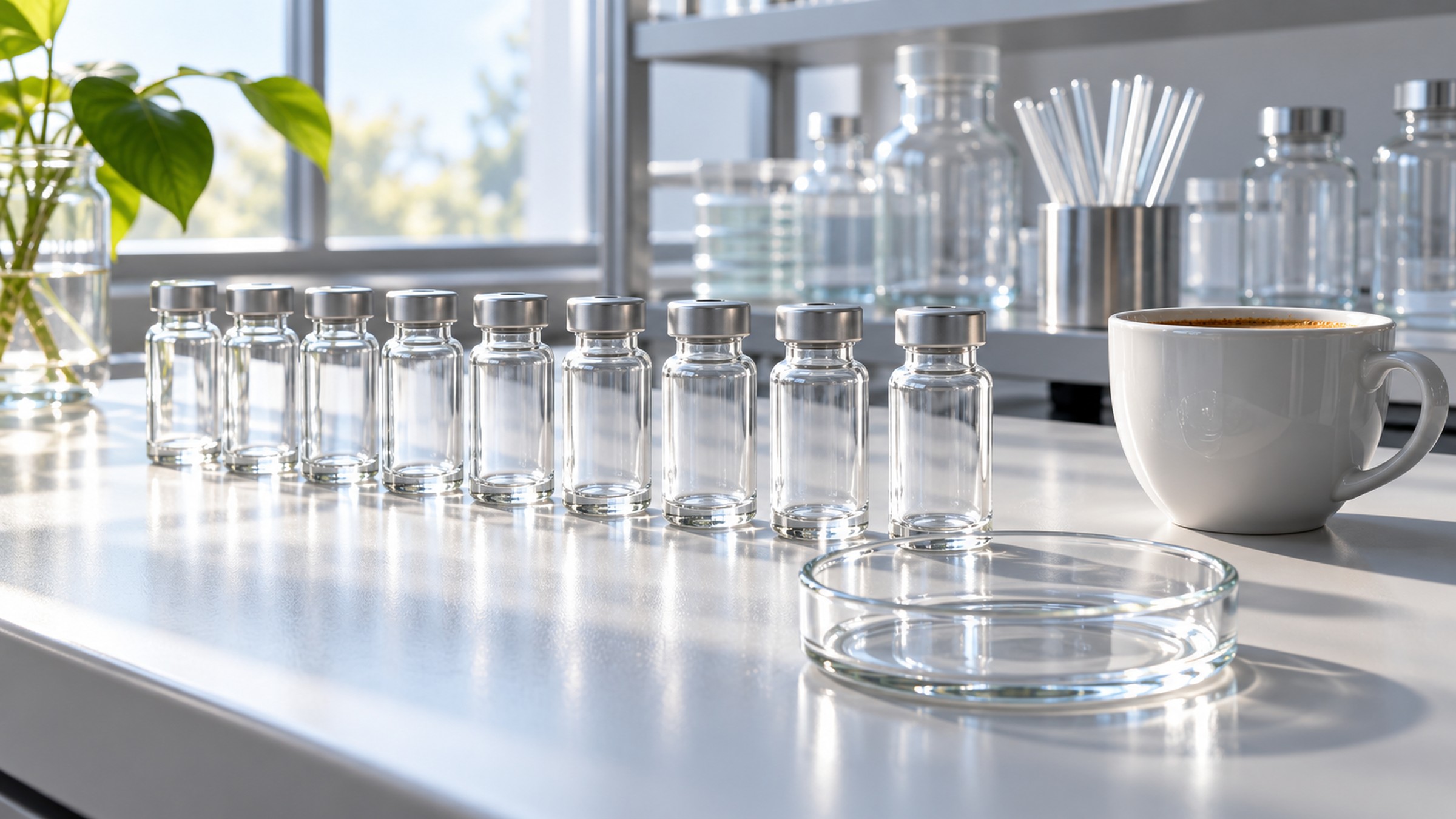 A long row of glass vials on a lab bench beside a mug.